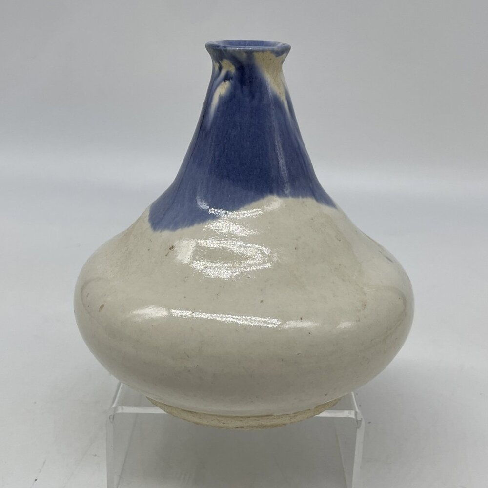 Blue White Glaze Studio Art Pottery Vessel Signed JOY Bud Vase Organic Shape